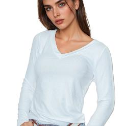 Koszulka damska z długim rękawem z prążkowanej wiskozy Eleonor biała