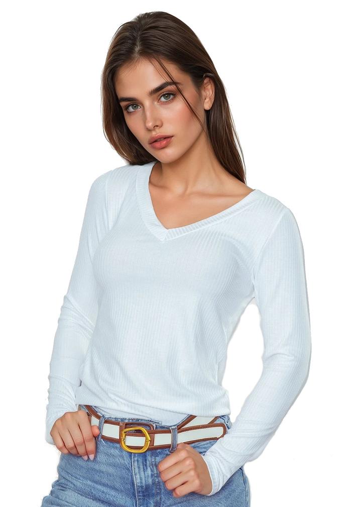 Koszulka damska z długim rękawem z prążkowanej wiskozy Eleonor biała