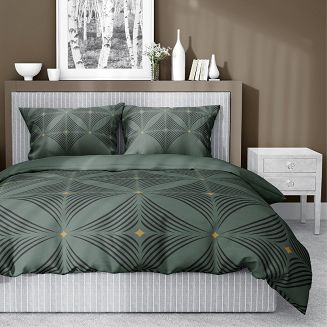 Pościel satynowa 220x200 Detexpol zielona czarna geometryczny wzór a'la kwiaty
