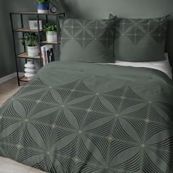 Pościel satynowa 220x200 Detexpol zielona czarna geometryczny wzór a'la kwiaty