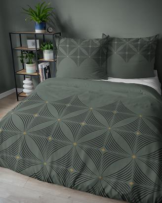 Pościel satynowa 220x200 Detexpol zielona czarna geometryczny wzór a'la kwiaty