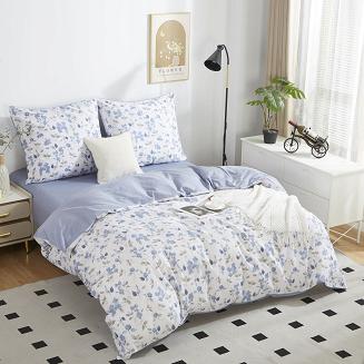 Pościel satyna bawełniana 160x200 kremowa niebieska delikatne kwiaty liście