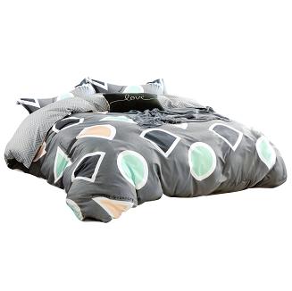 Pościel satynowa 160x200 stalowa w kolorowe figury geometryczne + biała jodełka