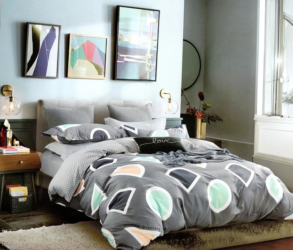 Pościel satynowa 160x200 stalowa w kolorowe figury geometryczne + biała jodełka