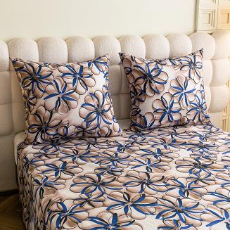 Komplet pościeli dwustronnej 140x200 beżowa niebieska kwiaty 3D