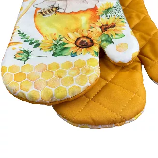 Rękawice kuchenne 18x27 z magnesem 2 szt. białe żółte pszczeli raj