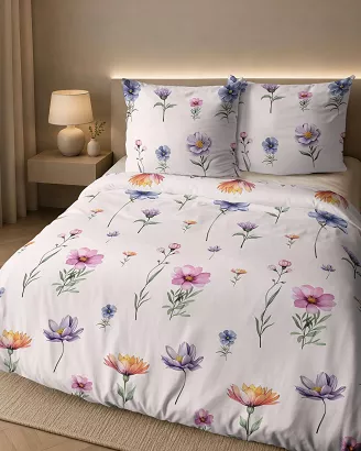 Pościel flanelowa 220x200 jasnoróżowa w kolorowe polne kwiatki