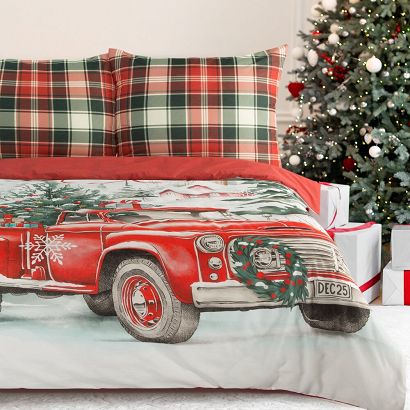 Komplet pościeli świąteczny XMAS 140x200 Eurofirany czerwony biały krata auto św. Mikołaja