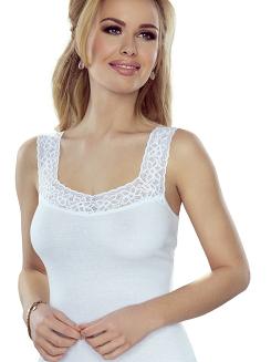 Koszulka damska z grubymi koronkowymi ramiączkami i koronkowym dekoltem Arietta biała