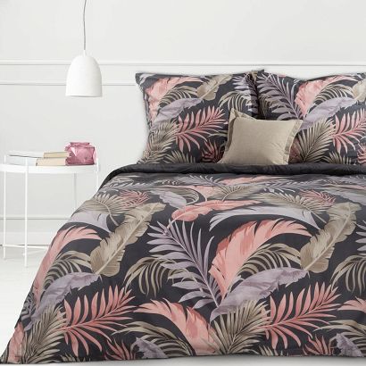 Pościel bawełniana Classic Deluxe SARA 160x200 Eurofirany grafitowa wielokolorowa egzotyczne liście