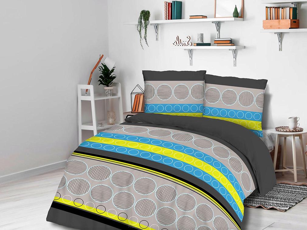 Pościel flanelowa 180x200 Darymex niebieska limonkowa szara koła i okręgi