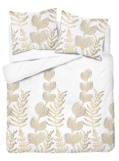 Pościel satynowa 160x200 Detexpol biała złota botaniczny nadruk gałązki liście