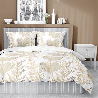Pościel satynowa 160x200 Detexpol biała złota botaniczny nadruk gałązki liście