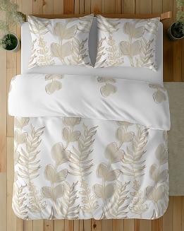 Pościel satynowa 160x200 Detexpol biała złota botaniczny nadruk gałązki liście