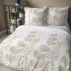 Pościel satynowa 160x200 Detexpol biała złota botaniczny nadruk gałązki liście