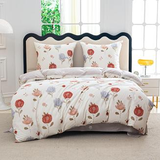 Pościel satynowa 180x200 kremowa beżowa rude szare kwiaty