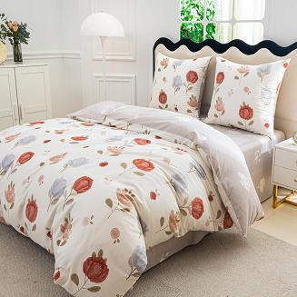 Pościel satynowa 180x200 kremowa beżowa rude szare kwiaty