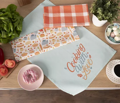 Komplet 3 ścierek kuchennych COOKING WITH LOVE 40x60 pomarańczowy szałwiowy