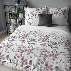 Pościel flanelowa 160x200 biała różowe kwiatuszki szare listki