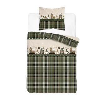 Pościel flanelowa świąteczna 140x200 zielona beżowa chaty z piernika