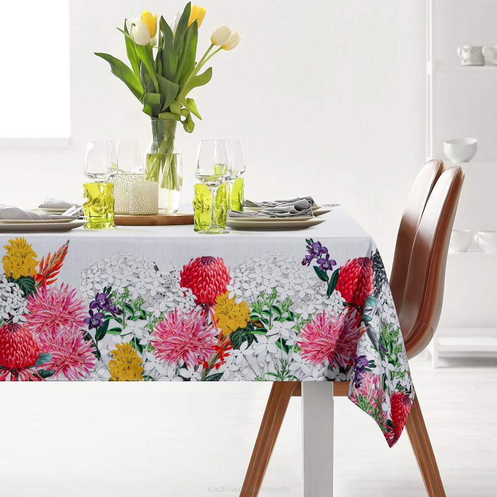 Obrus dekoracyjny SUMMER3 140x180 Eurofirany naturalny czerwone żółte ogrodowe kwiaty