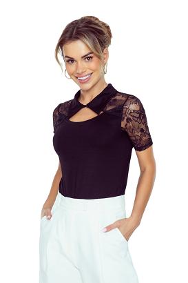 Bluzka damska z koronkowymi rękawami oraz kołnierzykiem Mela czarna