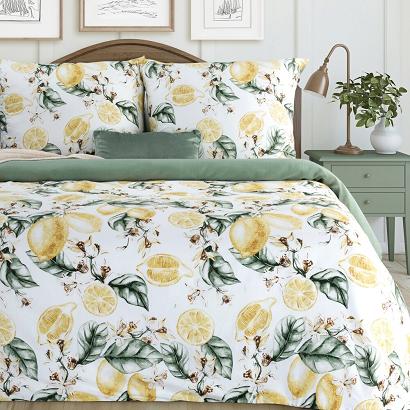Pościel satynowa SPRING 140x200 Eurofirany biała ciemnozielona żółte cytryny