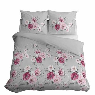 Pościel bawełniana 160x200 Detexpol szara w różowe kwiaty
