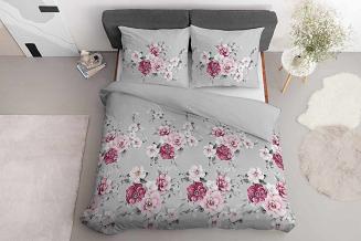 Pościel bawełniana 160x200 Detexpol szara w różowe kwiaty