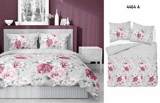 Pościel bawełniana 160x200 Detexpol szara w różowe kwiaty