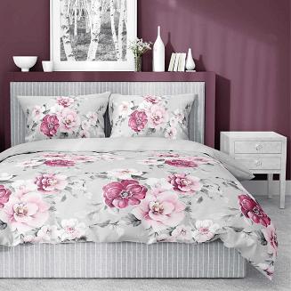 Pościel bawełniana 160x200 Detexpol szara w różowe kwiaty