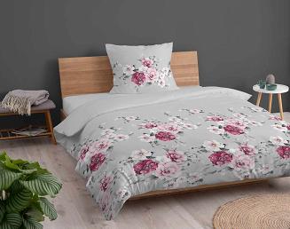 Pościel bawełniana 160x200 Detexpol szara w różowe kwiaty