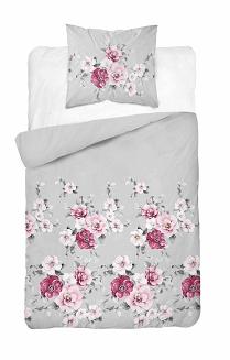 Pościel bawełniana 160x200 Detexpol szara w różowe kwiaty