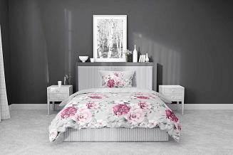 Pościel bawełniana 160x200 Detexpol szara w różowe kwiaty