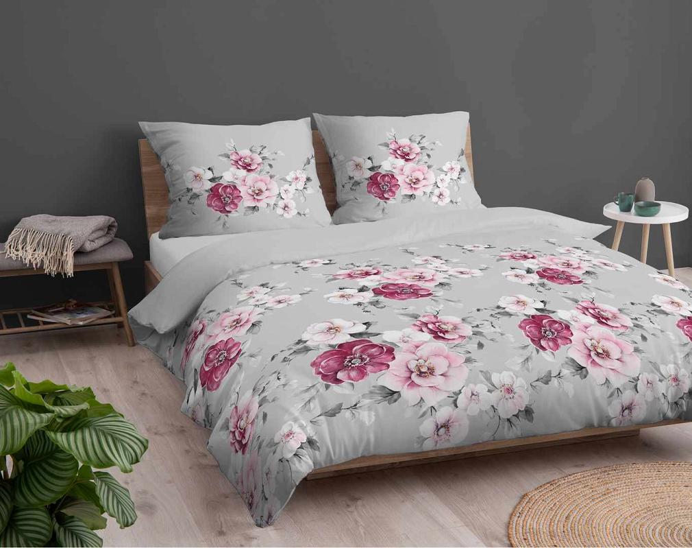 Pościel bawełniana 160x200 Detexpol szara w różowe kwiaty