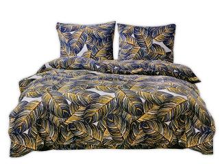 Pościel polarowa 200x220 welur biała granatowa złota duże liście