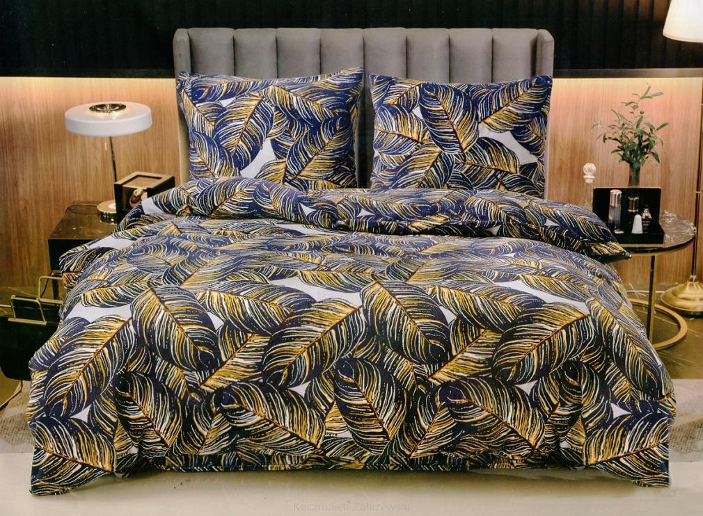 Pościel polarowa 200x220 welur biała granatowa złota duże liście