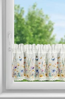 Firana gotowa zazdrostka ROZALIE 150x30 Eurofirany biała żółta niebieska fioletowa kwiaty motyle koronka