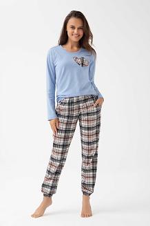 Piżama damska LUNA kod 322 niebieska aplikacja dwa serca spodnie w kratę
