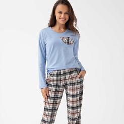 Piżama damska LUNA kod 322 niebieska aplikacja dwa serca spodnie w kratę