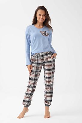 Piżama damska LUNA kod 322 niebieska aplikacja dwa serca spodnie w kratę