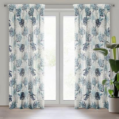 Firana gotowa na taśmie MALTA 140x270 Eurofirany kremowa granatowa złocista liście