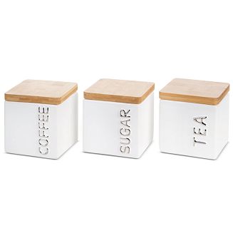 Pojemniki ceramiczne do kuchni LEXI komplet 3 szt. biały srebrne kawa herbata cukier