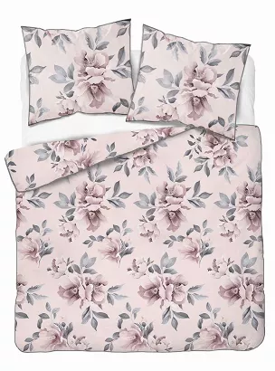 Pościel z perkalu Lamé Percale 160x200 różowa duże kwiaty ozdobna lamówka biza