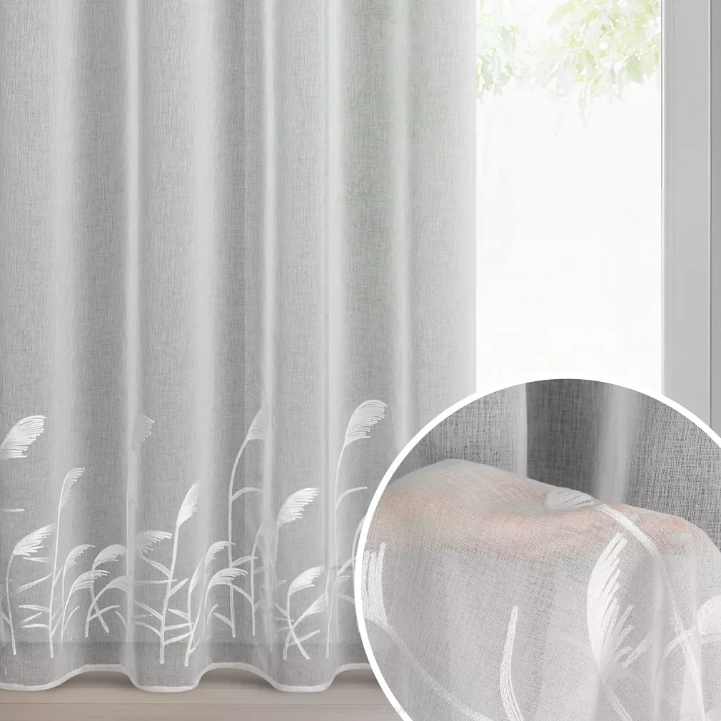 Firana gotowa na przelotkach TASHA 140x250 Eurofirany biała z etaminy haft roślinny trawy