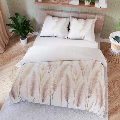 Komplet pościeli INDINA z bawełny satynowej 220x200 biała beżowa pióropusze polnej trawy