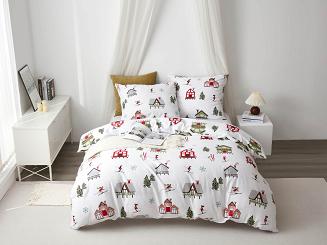 Biała Pościel Świąteczna Satyna Bawełniana z Nadrukiem 160x200 Skiing