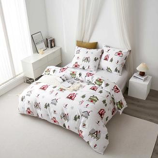 Biała Pościel Świąteczna Satyna Bawełniana z Nadrukiem 160x200 Skiing