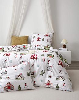 Biała Pościel Świąteczna Satyna Bawełniana z Nadrukiem 160x200 Skiing