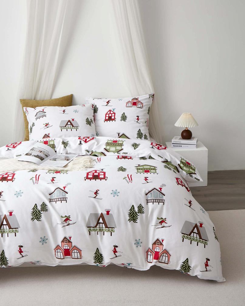 Biała Pościel Świąteczna Satyna Bawełniana z Nadrukiem 160x200 Skiing